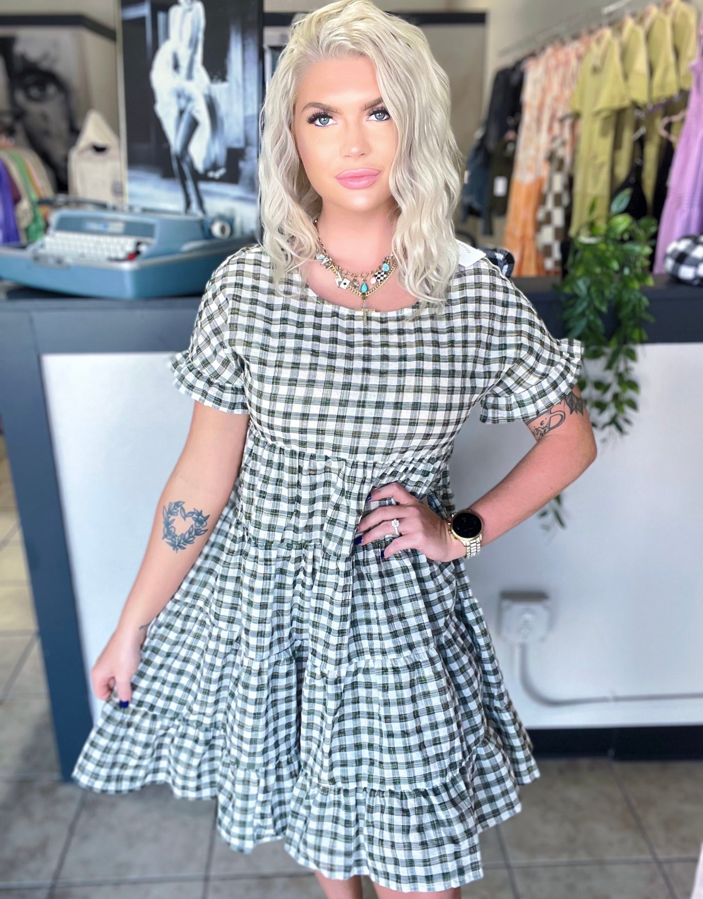 Olive Green Plaid Dress