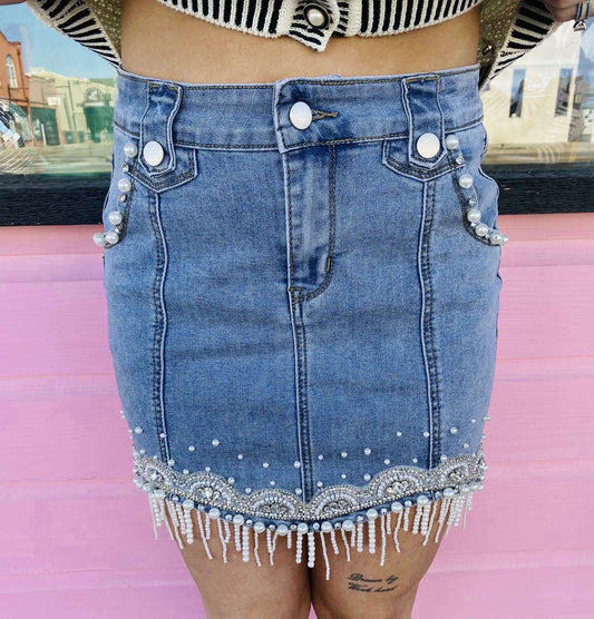 Denim Pearl Fringe Mini Skirt
