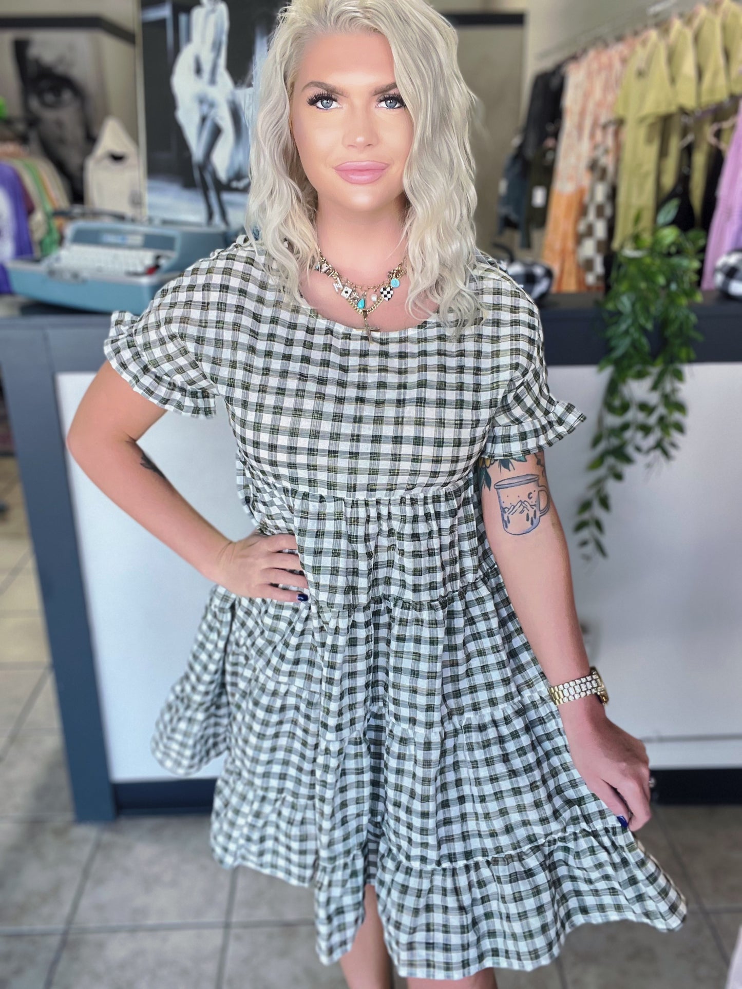 Olive Green Plaid Dress